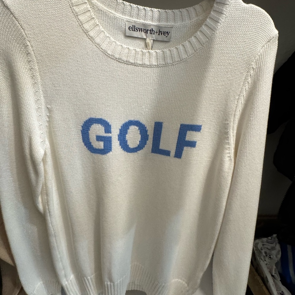 Cream and Blue Crew Neck Sweater with Knit Detailing